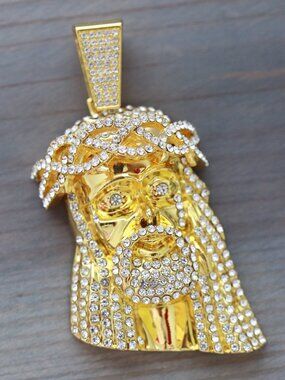 Jesus Face with Crown Style with Rhinestones Pendant 18k Gold Plated